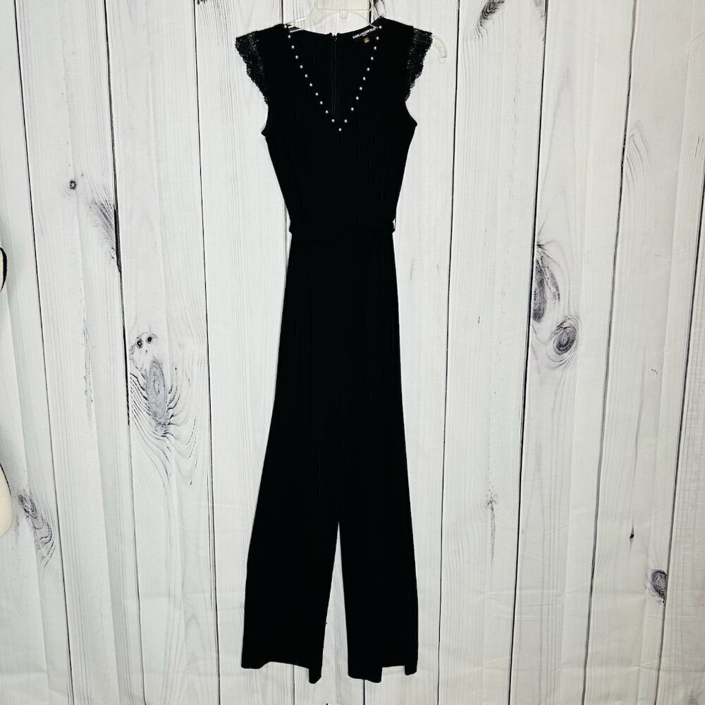 KARL LAGERFELD Womens Jumpsuit Size 0 Black Wide Leg Pearl Lace Belted V-Neck